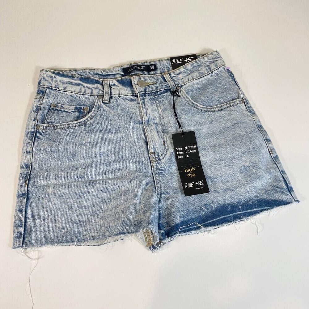 Blue Age High Rise Cut‎ Off Shorts Womens Size L Blue Light Denim Raw Hem NEW